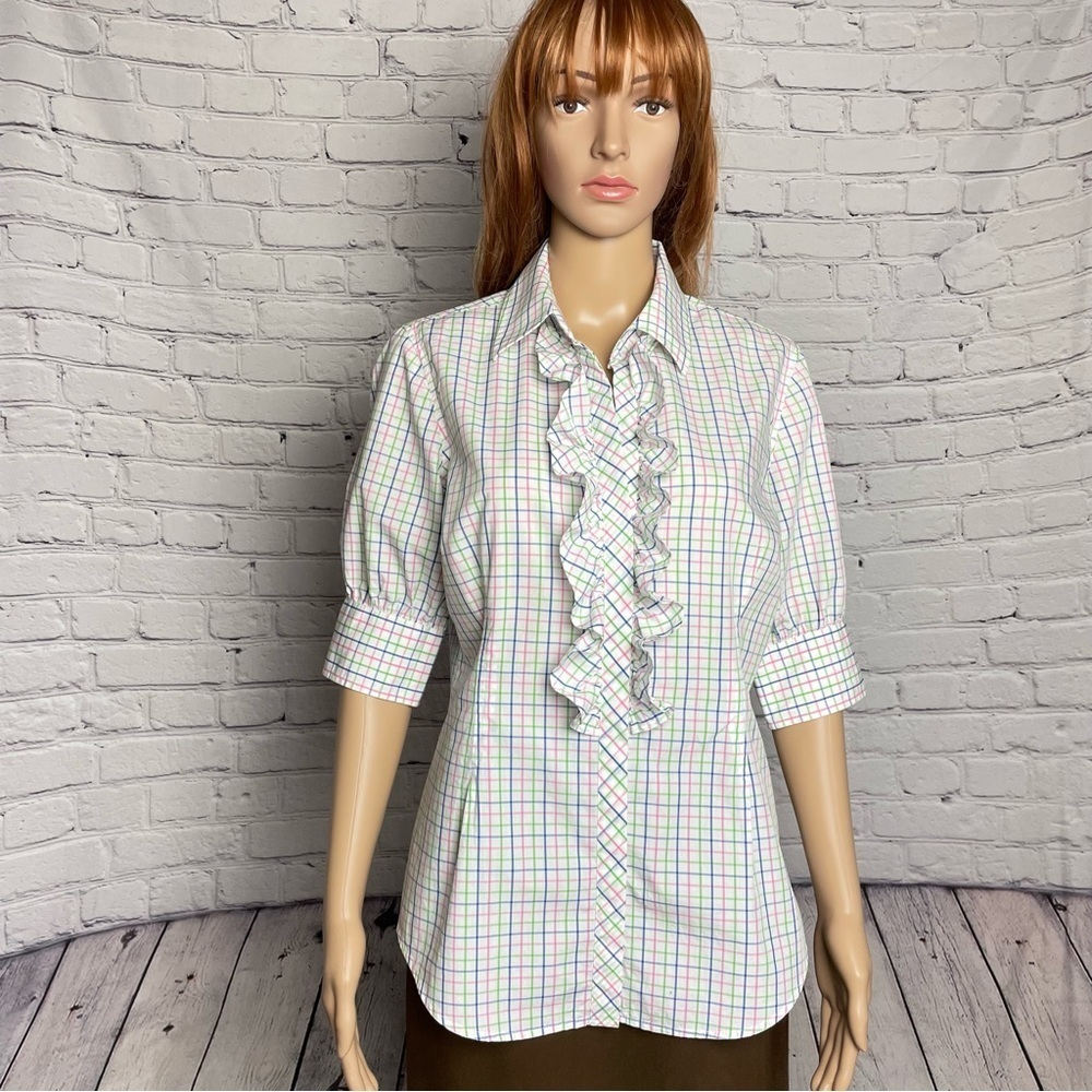 Lilly Pulitzer Button Ruffle Front Plaid Cotton Shirt Size 10